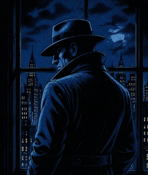 Illustration d'un détective dans une ville nocturne